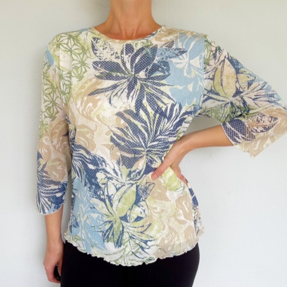 Alfred Dunner blue tan tropical print crewneck long sleeve tee size medium